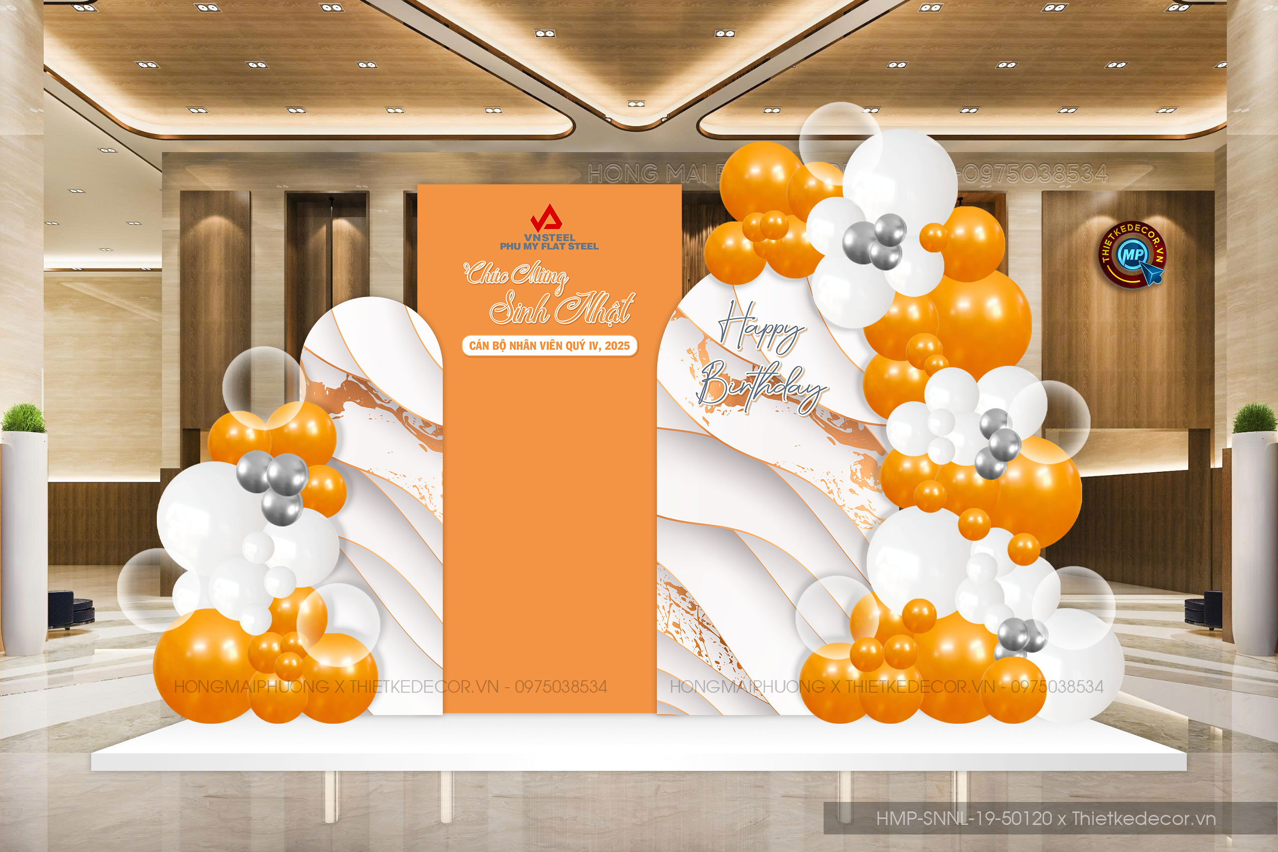 Trang trí tiệc sinh nhật người lớn tone trắng cam. File thiết kế Backdrop đơn giản sang trọng.